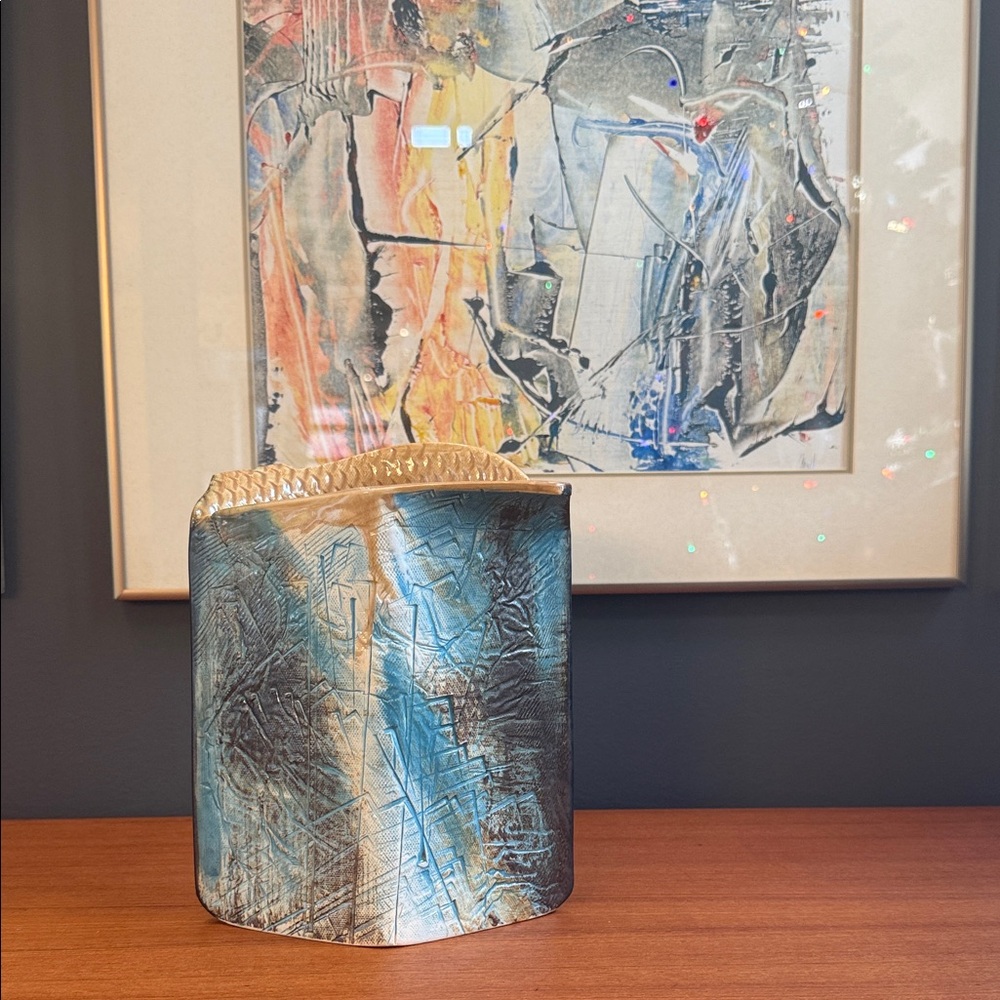 Abstract Blue and Silver Vase Art pottery abstract modern